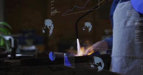 Female metalworker torching steel blocks on workbench with holographic ar overlays