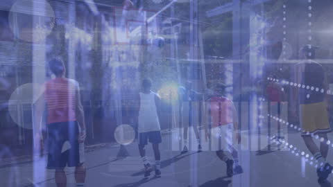 Viewers see a dynamic blend of street basketball and modern data analytics, with players engaged in a game beneath an overlay of digital data. This visual bridges traditional sports and advanced technology, right in an urban environment outdoors. Ideal for articles and content that discuss the intersection of sports and cutting-edge analytic technologies, applicable in strategic sports training and digital transformation discussions.