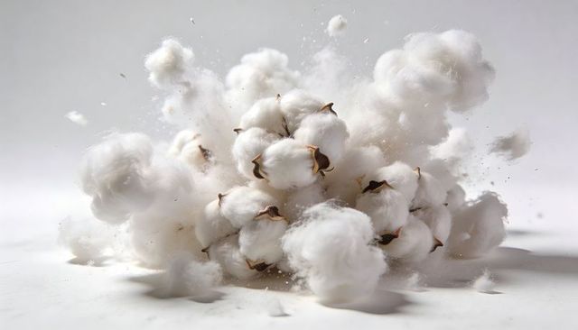 Bursting cotton bolls closeup on white background soft fibers for textile branding