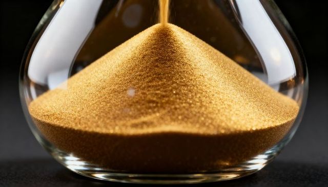 Pouring golden sand forming shimmering cone inside hourglass macro with reflections
