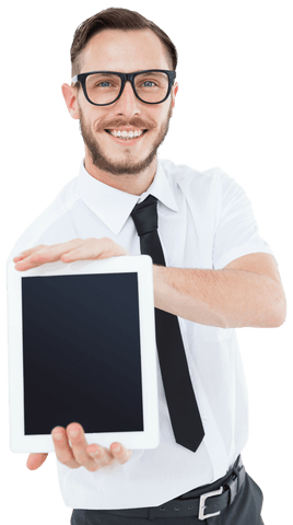 Smiling Geeky Businessman Displaying Transparent Tablet PC - Download Free Stock Videos Pikwizard.com