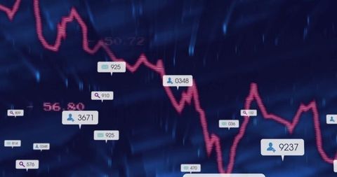 Red line graph with digital data bubbles on blue interface