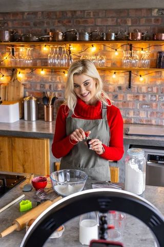 Cozy Home Baker Filming Rustic Kitchen Baking Tutorial with Ring Light and Mixing Bowl