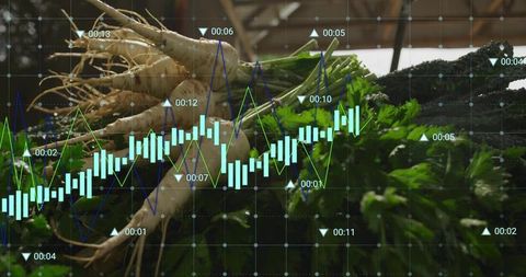 Parsnips and fresh herbs blending with financial chart overlay on rustic market stall