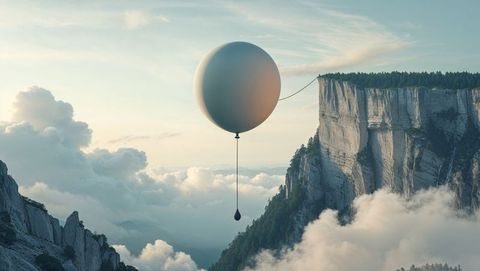 Giant balloon tethered to cliff embracing clouds