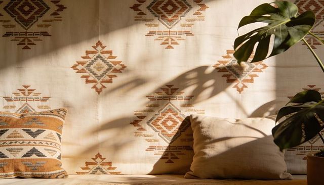 Bohemian sunlit nook basking in warm light with woven tapestry, cushions and monstera