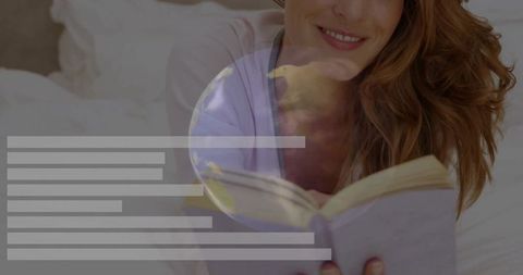 Smiling woman reading paperback in cozy pajamas with translucent globe overlay for travel lifestyle