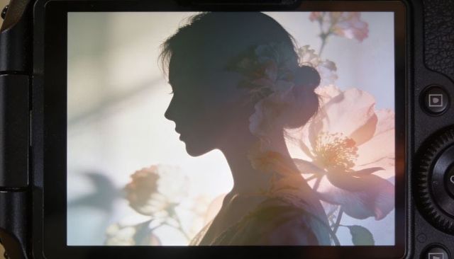 Silhouetted woman with floral double exposure overlay, pastel backlit dreamy studio portrait