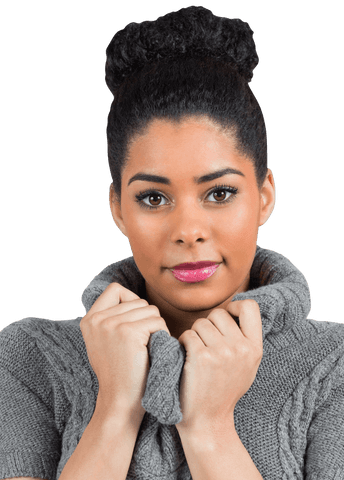 Woman in cozy winter sweater transparent background