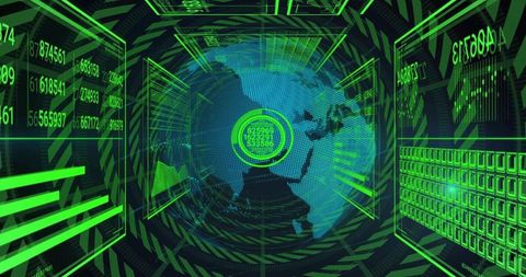 Rotating holographic globe in cyber tunnel with green HUD reticle and data visualization