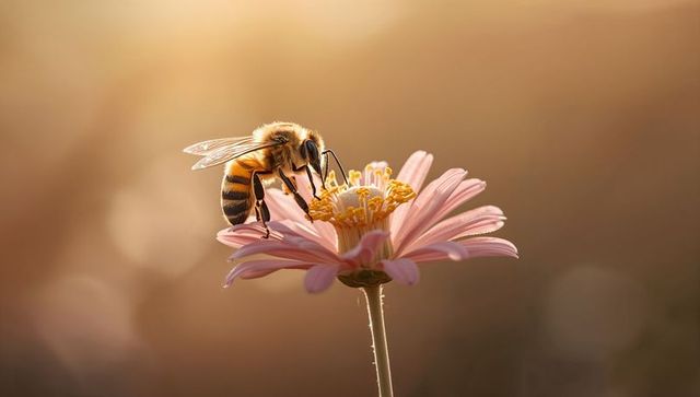 Honey Bee Gathering Nectar on Pink Daisy at Golden Hour — Macro Pollinator Closeup