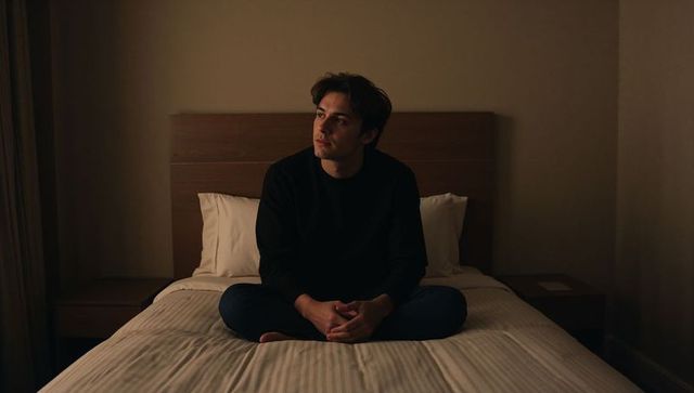 Man sitting pensive on bed, clasping hands and looking left in warm minimalist bedroom