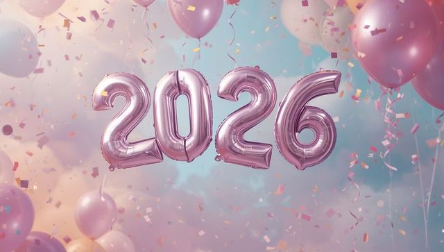 Rose-gold 2026 foil balloons floating with confetti and pastel sky