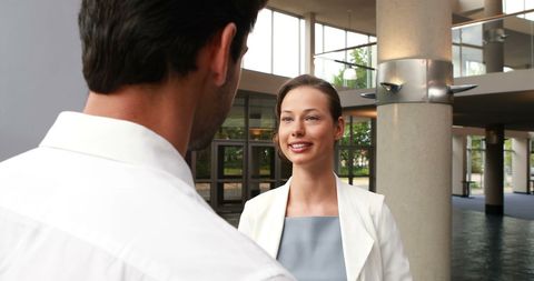 Professional business conversation in modern office environment