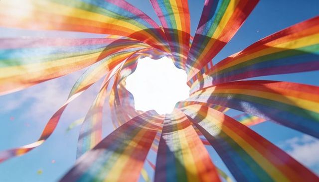 Twisting rainbow streamers forming sunlit tunnel over blue sky celebration background