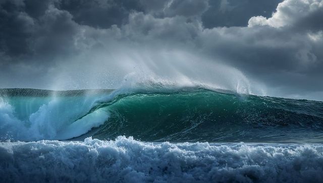 Imposing ocean waves crashing under stormy skies