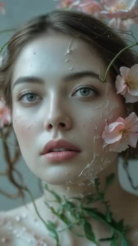 Vertical video of model blinking and tilting with cracked paint and botanical vines