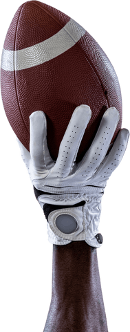 Transparent gloved hand holding football american athletics