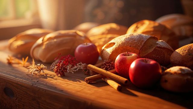 Rustic Autumn Bread Display with Apples and Cinnamon Sticks