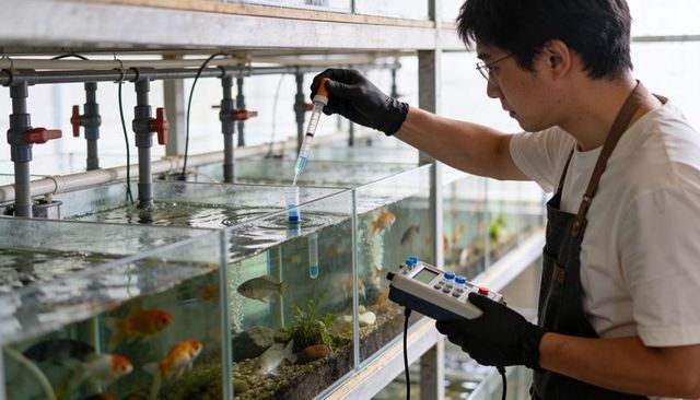 Asian aquarist testing water quality with pipette and meter in commercial fish tank lab