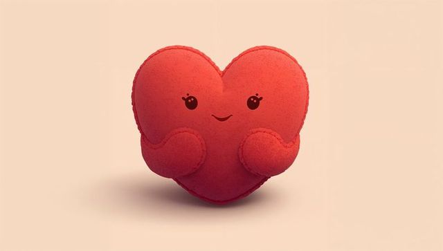 Smiling red heart plush cushion with stitched seams on neutral beige backdrop
