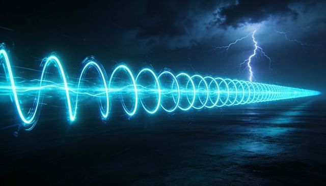 Glowing cyan helical energy beam cutting across wet tarmac under lightning storm