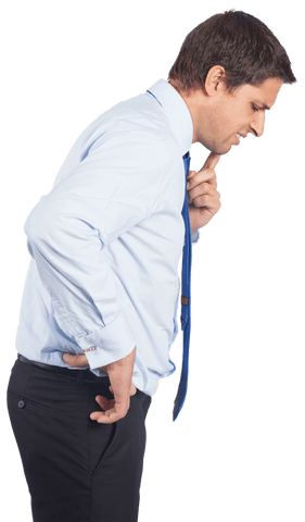 Transparent Thinking Businessman Touching Chin in Blue Shirt