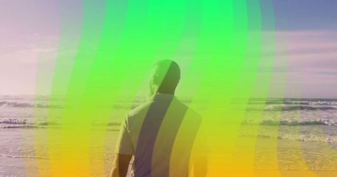 Serene coastal view with vibrant color overlay