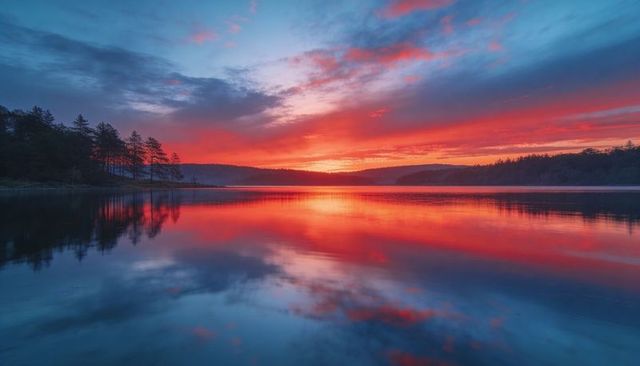 Crimson Sunset Reflecting Over Glassy Lake with Pine Forest Silhouette and Dramatic Sky