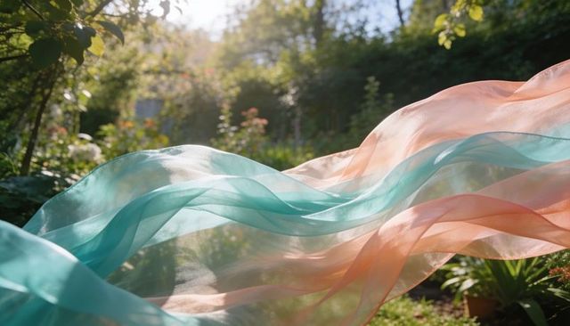 Billowing teal and peach sheer ribbons flowing in sunlit garden with soft backlight