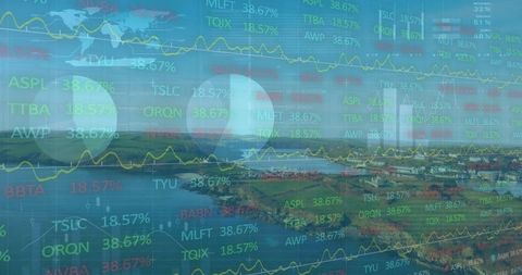 Stock market analysis overlaid on stunning coastal bay
