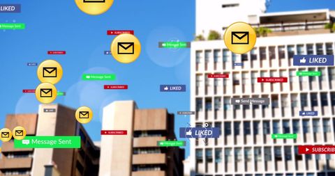 Social media icons overlay on modern cityscape