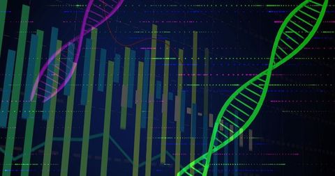 Neon DNA Double Helix Overlaying Financial Dashboard Visualizing Genomic Data and Analytics