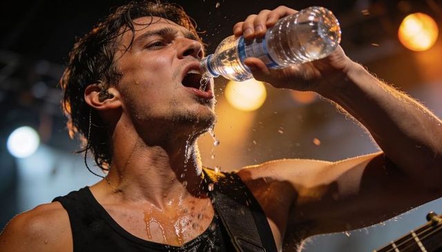 Sweaty rock musician pouring water during high-energy live guitar performance
