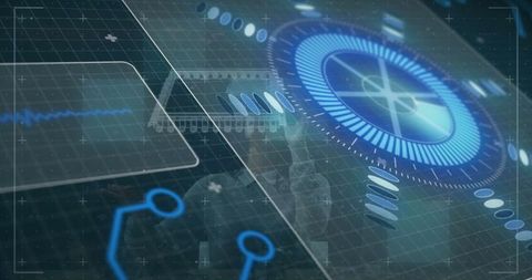 Abstract futuristic dashboard with holographic elements and graphs