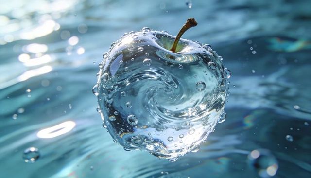 Floating crystal water-apple over sunlit ripples with vortex, droplets and bokeh