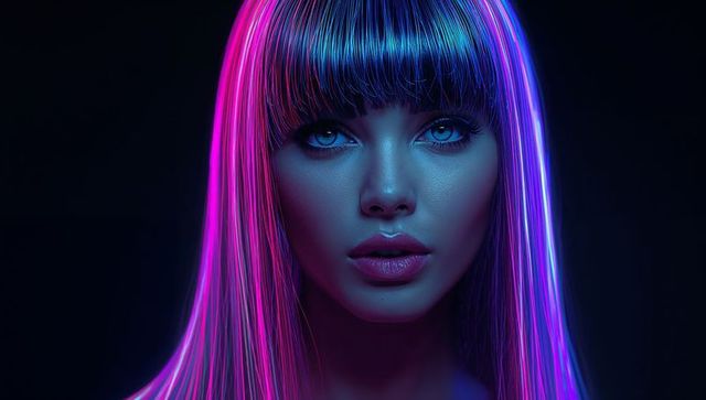 Posing woman with neon magenta cyan straight hair blunt bangs rimlighting studio portrait