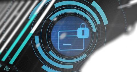 Futuristic Digital Security Dashboard with Lock Icon and Binary Code