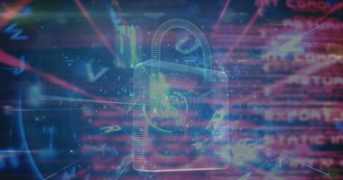 Digital padlock icon over dynamic data stream