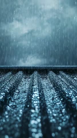 Rain falling on corrugated metal roof, water beading and streaming toward edge, moody vertical video