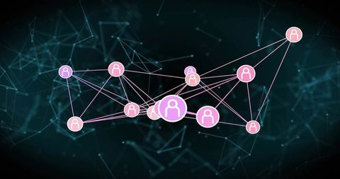 Neon Social Network Connecting User Avatars with Pink Nodes and Digital Mesh Background Graphic
