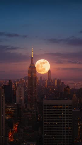 Vertical video capturing full moon rising beside Empire State Building spire at twilight