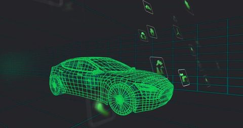 Futuristic Neon Wireframe Car in Virtual 3D Space