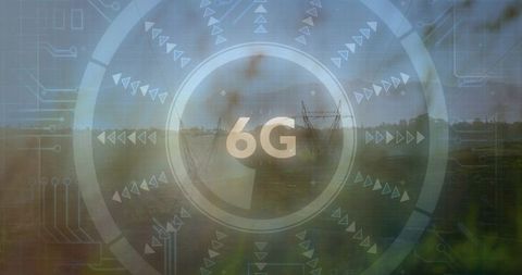 Futuristic 6G HUD Overlay Projecting Over Rural Power Lines and Countryside Landscape