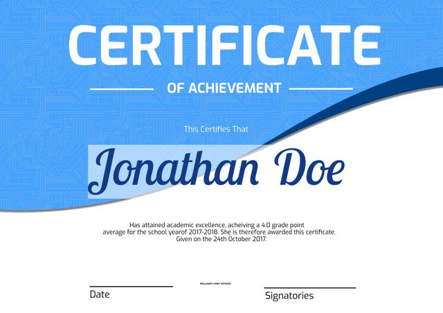 Sophisticated blue-themed certificate for recognizing academic excellence or corporate achievements. Ideal for educational institutions and businesses wishing to honor outstanding performance. Fully customizable fields for recipient name, date, and signatures make this template versatile and applicable for various recognition events.