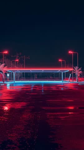 Pulsing Neon Canopy Bathing Wet Forecourt in Red and Cyan Lights — Vertical Night Loop