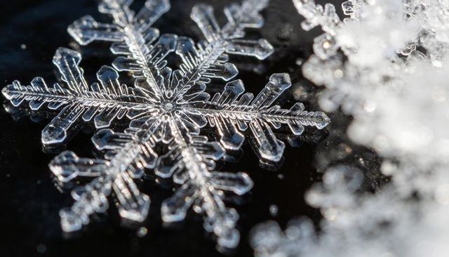 Macro crystalline snowflake resting on dark surface with sparkling bokeh ice crystals