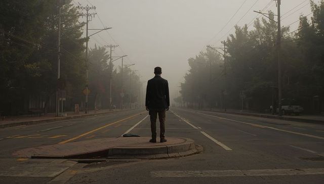 Solitary man standing on median facing foggy city avenue, cinematic urban solitude