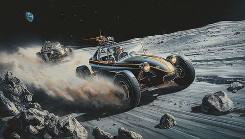 Retrofuturistic Lunar Dune Buggy Chase Racing Across Moon Regolith Kicking Dust Plume