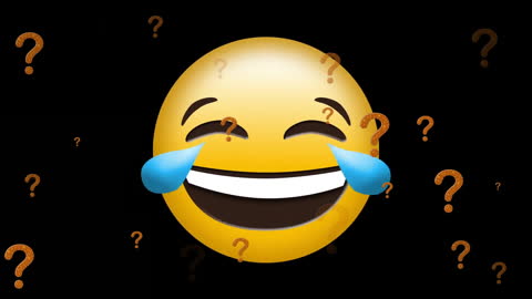 Laughing Emoji with Question Marks on Black Background